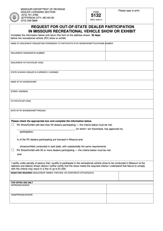 Fillable Form 5132 - Request For Out-Of-State Dealer Participation In Missouri Recreational Vehicle Show Or Exhibit Printable pdf