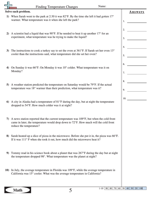 Finding Temperature Changes - Measurement Worksheet With Answers Printable pdf