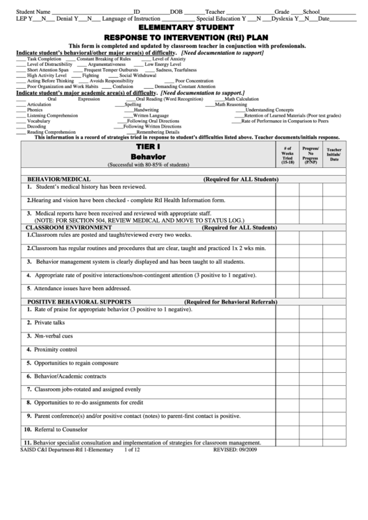 Elementary Student Response To Intervention (rtl) Plan Form