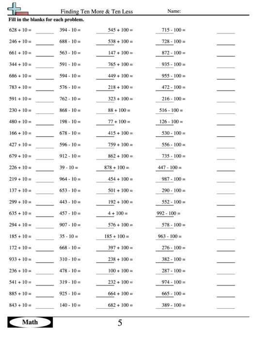 Finding Ten More And Ten Less - Math Worksheet With Answers printable ...