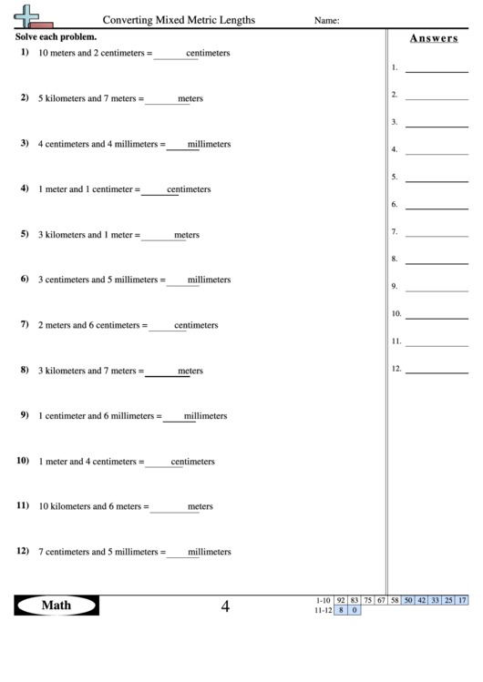 Converting Mixed Metric Lengths - Measurement Worksheet With Answers Printable pdf