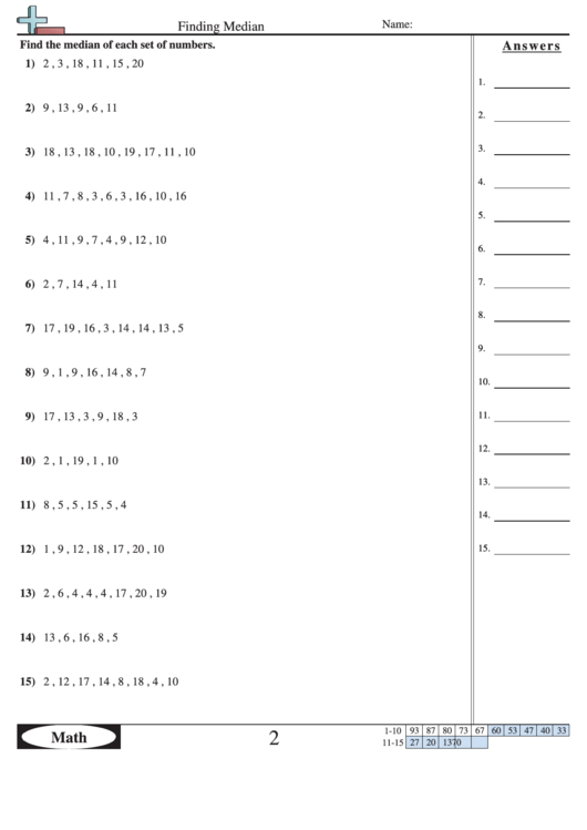 Finding Median - Math Worksheet With Answers Printable pdf