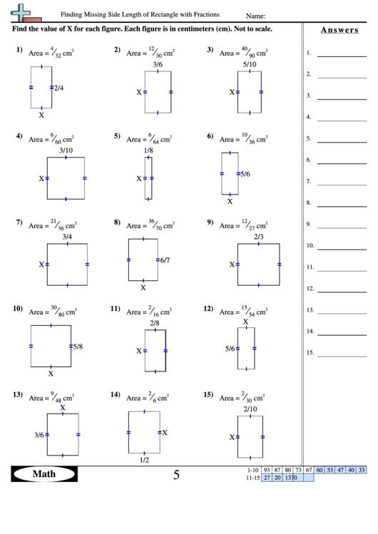 Finding Missing Side Length Of Rectangle With Fractions - Geometry Worksheet With Answers Printable pdf