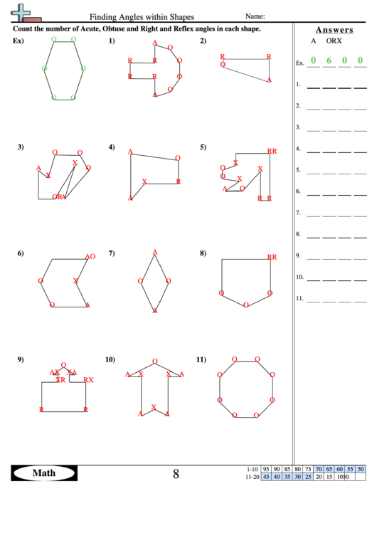 Finding Angles Within Shapes - Geometry Worksheet With Answers Printable pdf