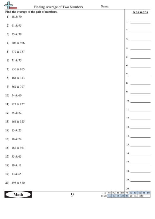 Finding Average Of Two Numbers - Math Worksheet With Answers Printable pdf