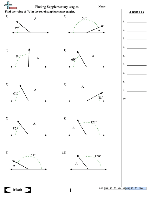 Finding Supplementary Angles - Geometry Worksheet With Answers Printable pdf