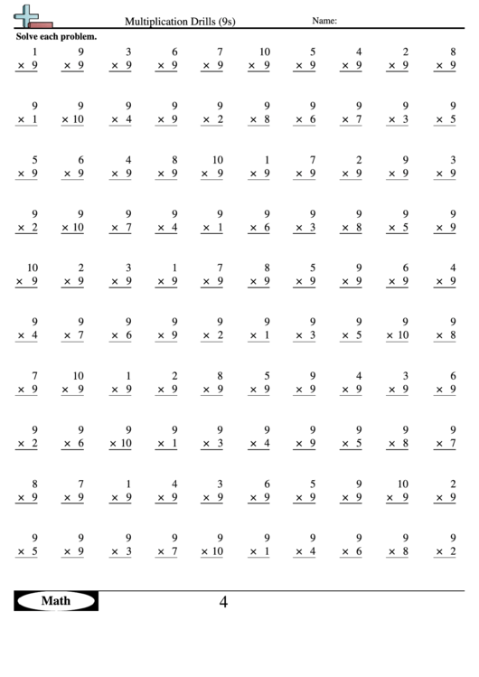 Multiplication Drills (9s) - Multiplication Worksheet With Answers