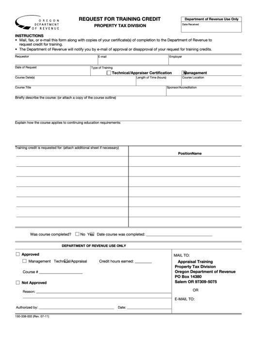Fillable Form 150-338-002 - Request For Training Credit - Property Tax Division Printable pdf