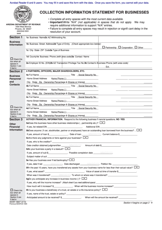 Fillable Form Ador 10847 - Collection Information Statement For Businesses Printable pdf