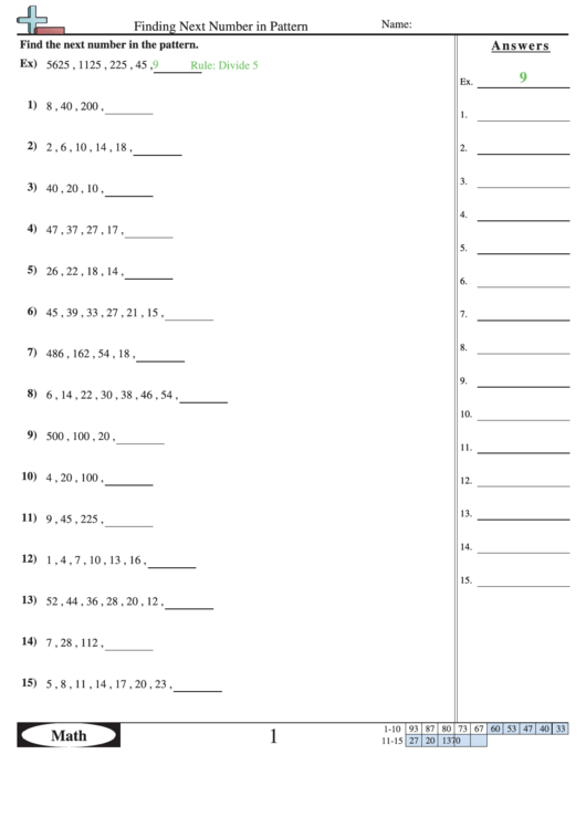 Finding Next Number In A Pattern - Pattern Worksheet With Answers Printable pdf