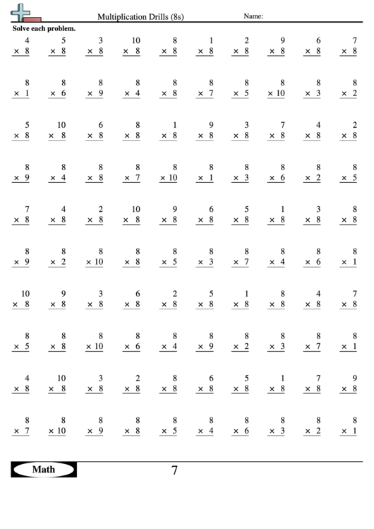 Multiplication Drills (8s) - Multiplication Worksheet With Answers Printable pdf