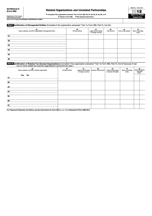 Fillable Schedule R (Form 990) - Related Organizations And Unrelated Partnerships - 2012 Printable pdf