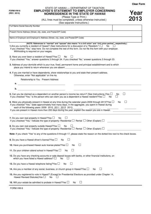 Form Hw-6 - Employee's Statement To Employer Concerning Nonresidence In The State Of Hawaii - 2013