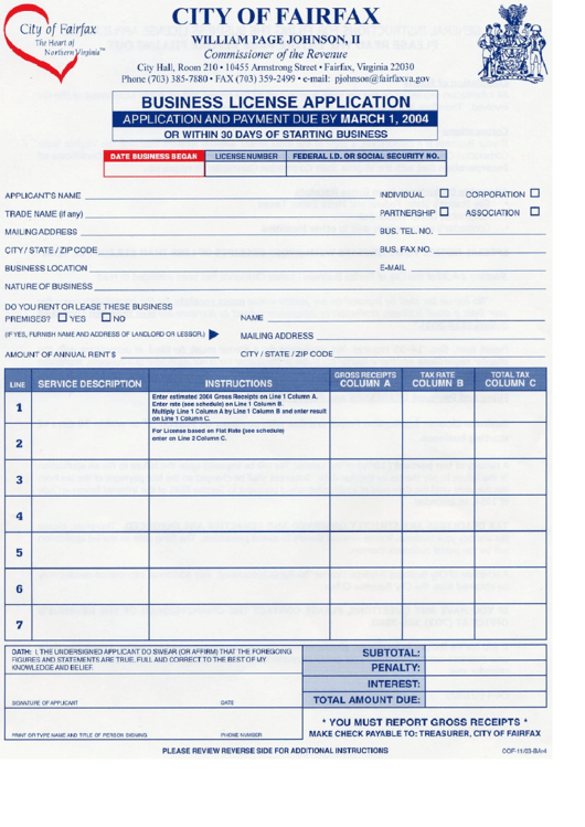 Business License Application - City Iof Fairfax, Virginia Printable pdf