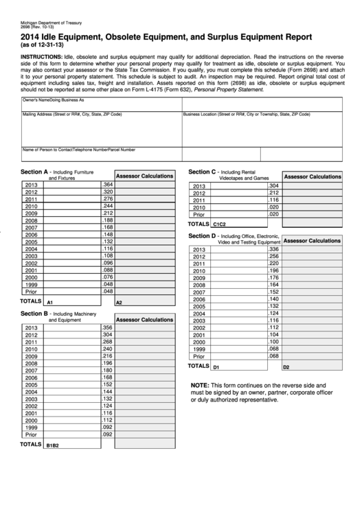 Fillable Form 2698 - Idle Equipment, Obsolete Equipment, And Surplus Equipment Report - 2014 Printable pdf