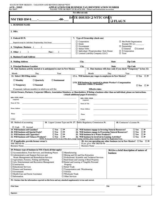 Form Acd-31015 - Application For Business Tax Identification Number Printable pdf