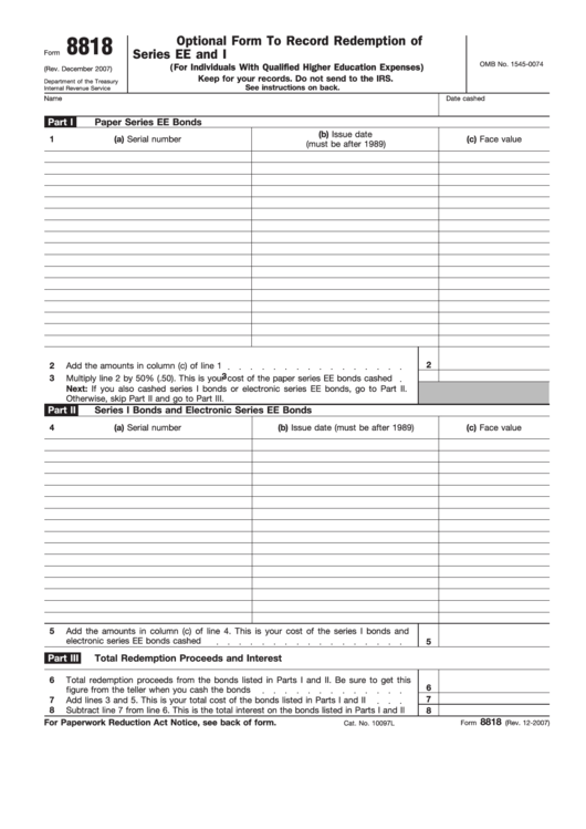 Fillable Form 8818 - Optional Form To Record Redemption Of Form 8818 Series Ee And I U.s. Savings Bonds Issued After 1989 Printable pdf