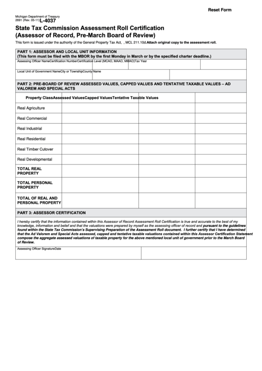 Fillable Form 2691 - State Tax Commission Assessment Roll Certification (Assessor Of Record, Pre-March Board Of Review) Printable pdf