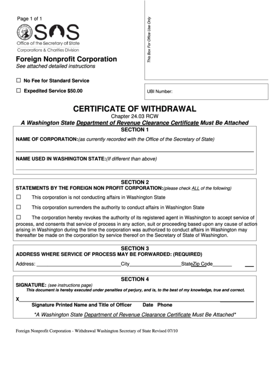 Fillable Foreign Nonprofit Corporation Certificate Of Withdrawal - Washington Secretary Of State Printable pdf