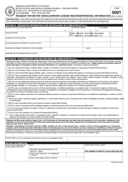 Fillable Form 5091 - Request For Motor Vehicle/driver License Records/personal Information Printable pdf