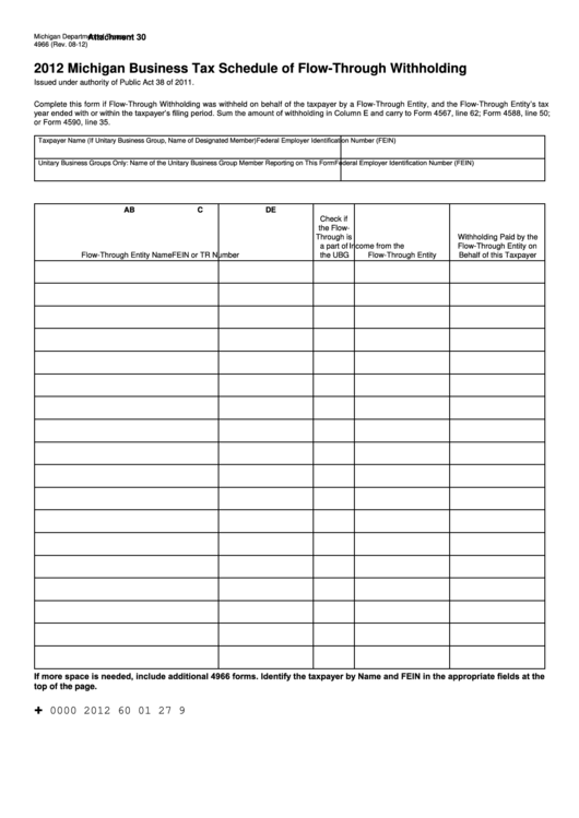 Form 4966 - Michigan Business Tax Schedule Of Flow-Through Withholding - 2012 Printable pdf