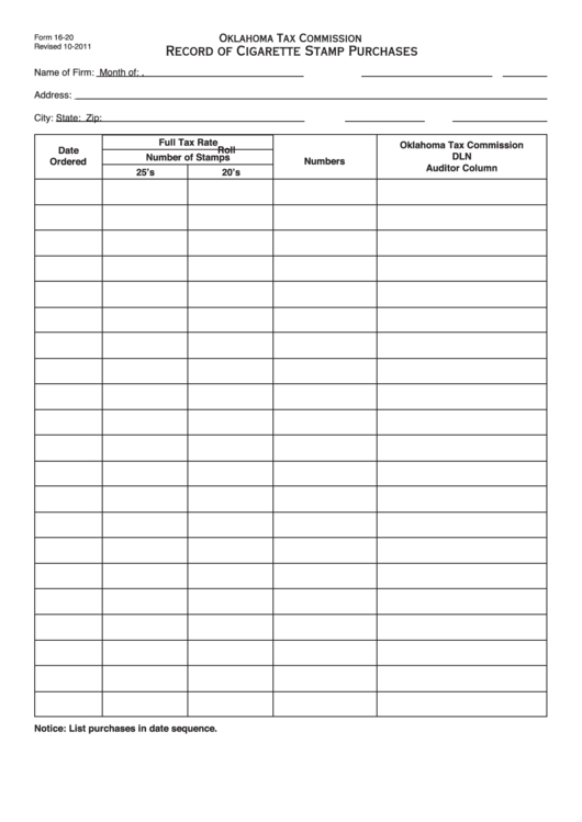 Fillable Form 16-20 - Record Of Cigarette Stamp Purchases - Oklahoma Tax Commission Printable pdf