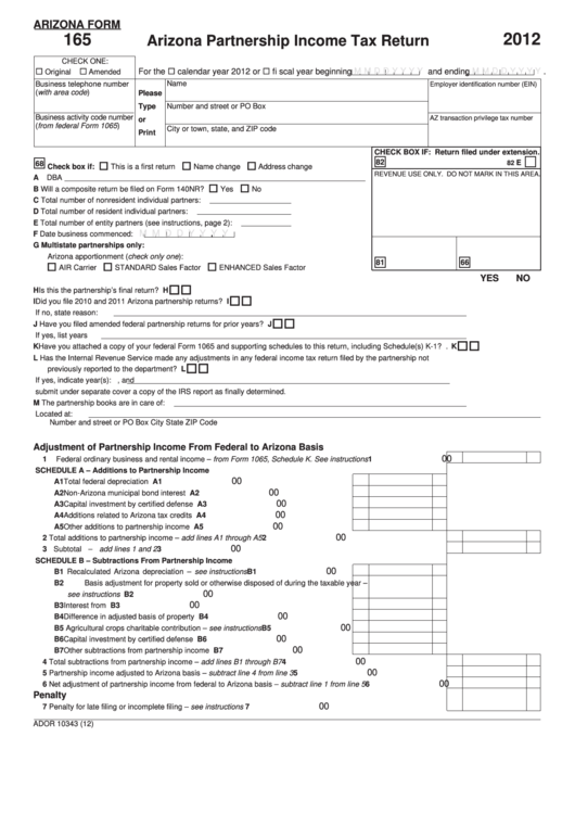 Fillable Arizona Form 165 - Arizona Partnership Income Tax Return - 2012 Printable pdf