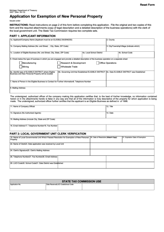 Fillable Form 3427 - Application For Exemption Of New Personal Property Printable pdf
