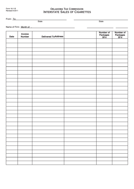 Fillable Form 16-1-B - Interstate Sales Of Cigarettes - Oklahoma Tax Commission Printable pdf