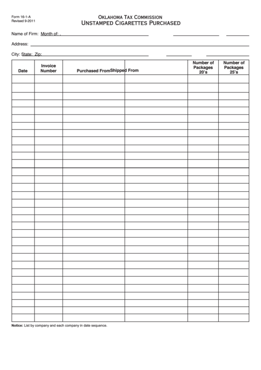 Fillable Form 16-1-A - Unstamped Cigarettes Purchased - Oklahoma Tax Commission Printable pdf