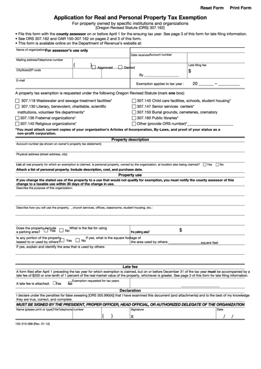 Fillable Form 150-310-088 - Application For Real And Personal Property Tax Exemption Printable pdf