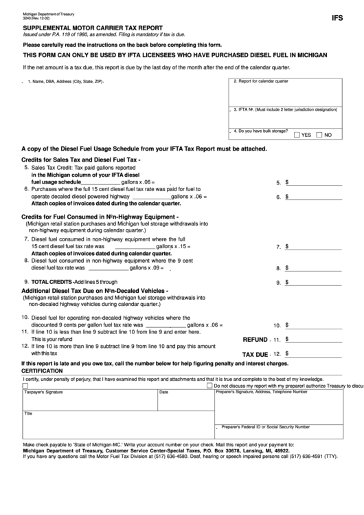 Form 3240 - Michigan Supplemental Motor Carrier Tax Return Printable pdf