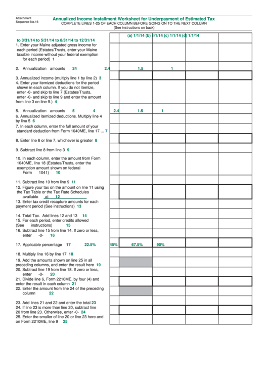 Fillable Annualized Income Installment Worksheet For Underpayment Of Estimated Tax Worksheet Printable pdf