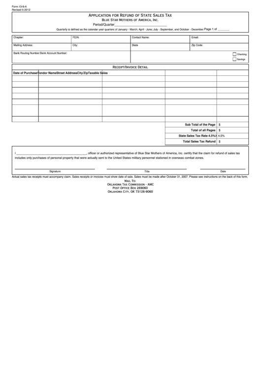 Fillable Form 13-9-A - Application For Refund Of State Sales Tax Printable pdf