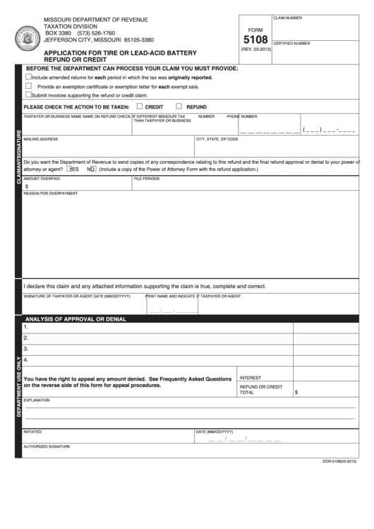 Fillable Form 5108 - Application For Tire Or Lead-Acid Battery Refund Or Credit Printable pdf