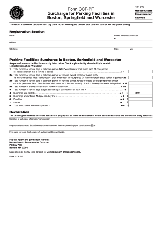 Fillable Form Ccf-Pf - Surcharge For Parking Facilities In Boston, Springfield And Worcester Printable pdf
