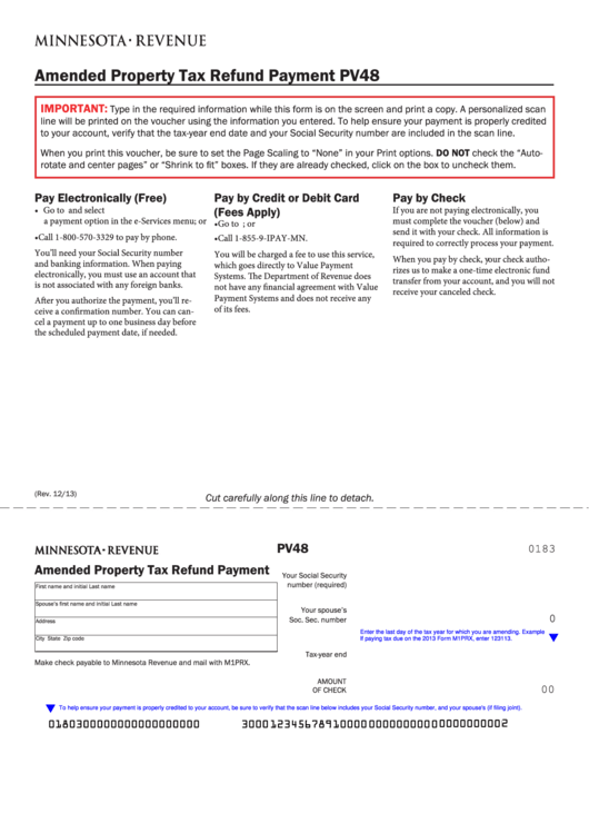 Fillable Form Pv48 - Amended Property Tax Refund Payment Printable pdf
