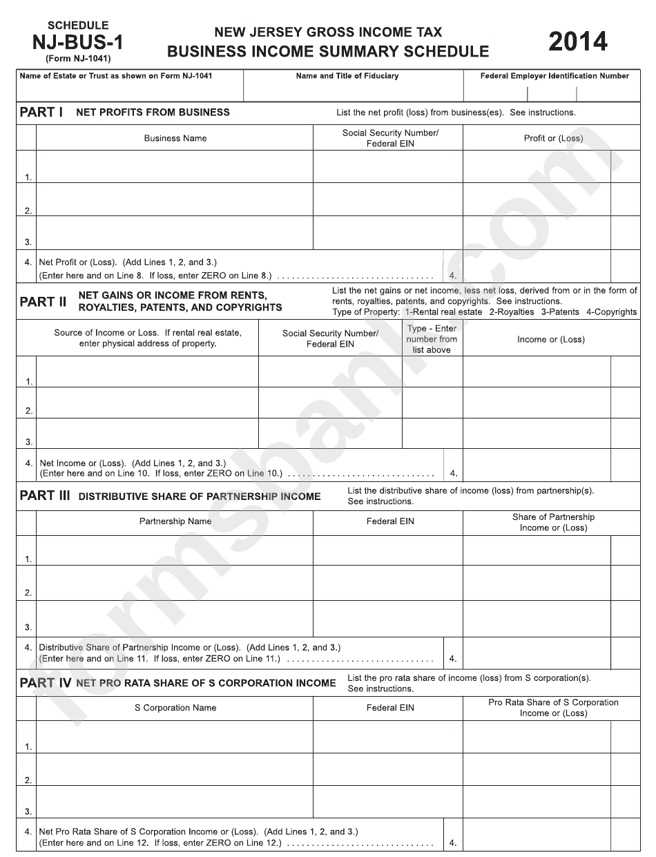 Schedule Nj-Bus-1 (Form Nj-1041) - Business Income Summary Schedule - 2014