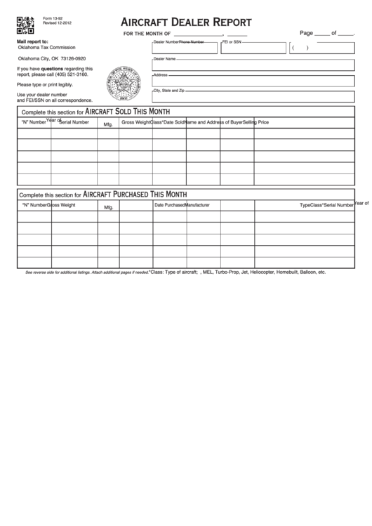 Fillable Form 13-92 - Aircraft Dealer Report - Oklahoma Tax Commission Printable pdf