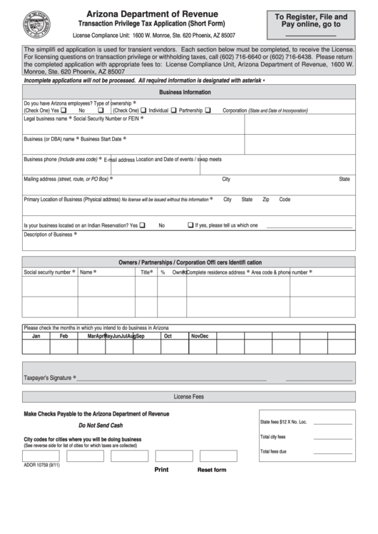 Fillable Arizona Form 10759 - Transaction Privilege Tax Application (Short Form) Printable pdf