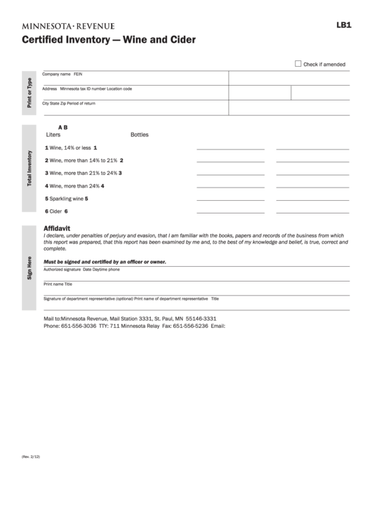 Fillable Form Lb1 - Certified Inventory - Wine And Cider Printable pdf
