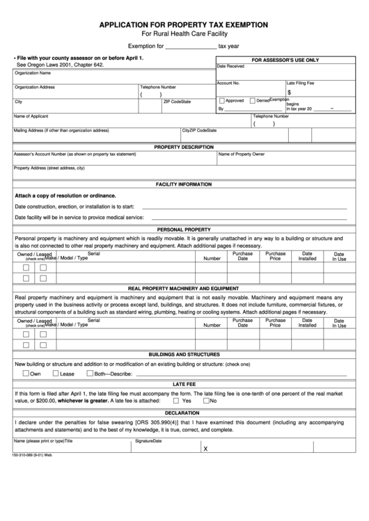 Form 150-310-089 - Application For Property Tax Exemption For Rural Health Care Facility Printable pdf
