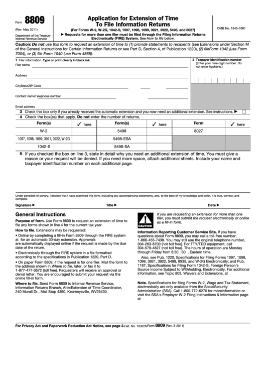 Fillable Form 8809 - Application For Extension Of Time To File Information Returns Printable pdf