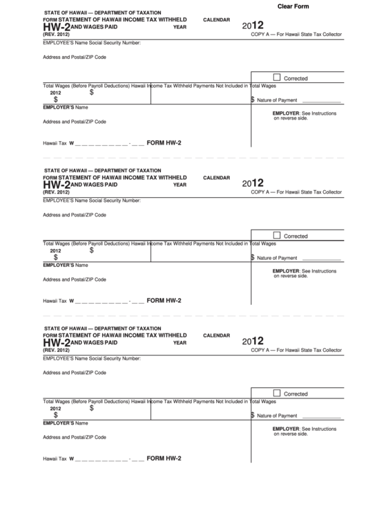 Fillable Form Hw-2 - Statement Of Hawaii Income Tax Withheld And Wages Paid - 2012 Printable pdf