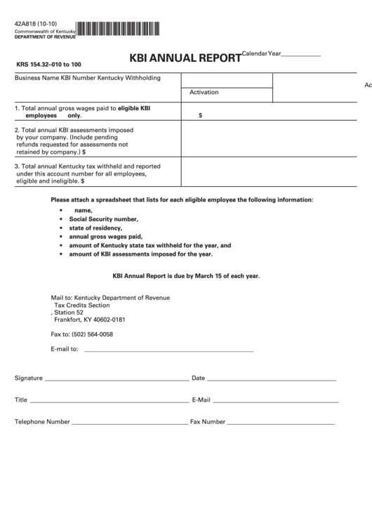 Form 42a818 - Kbi Annual Report Printable pdf