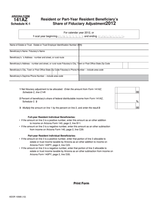 Fillable Arizona Form 141az Schedule K-1 - Resident Or Part-Year Resident Beneficiary