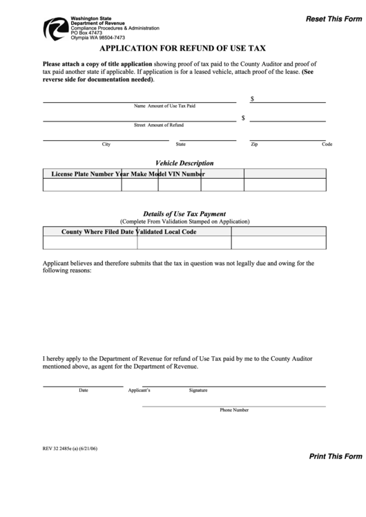 Fillable Form Rev 32 2485e (A) - Application For Refund Of Use Tax Printable pdf