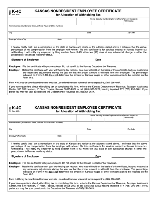 Fillable Form K-4c - Kansas Nonresident Employee Certificate For Allocation Of Withholding Tax Printable pdf
