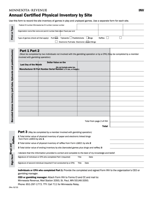 Fillable Form Inv - Annual Certified Physical Inventory By Site Printable pdf