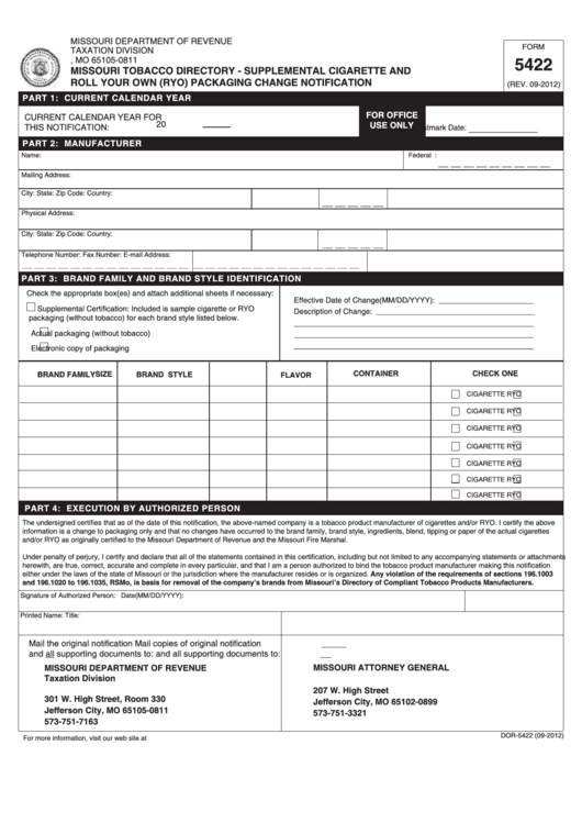Fillable Form 5422 - Missouri Tobacco Directory - Supplemental Cigarette And Roll Your Own (Ryo) Packaging Change Notification Printable pdf